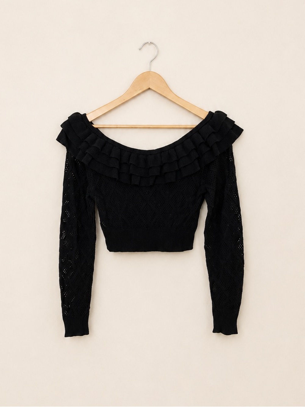 Marissa Webb Pointelle Knit Ruffled Cropped Sweater Black Button Back